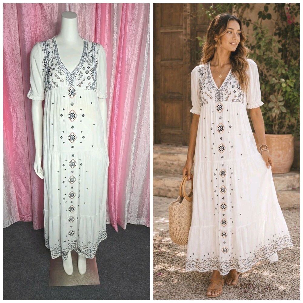 Knox Rose Ivory Boho Embroidered Cotton Lined Tiered Maxi Dress Size XS